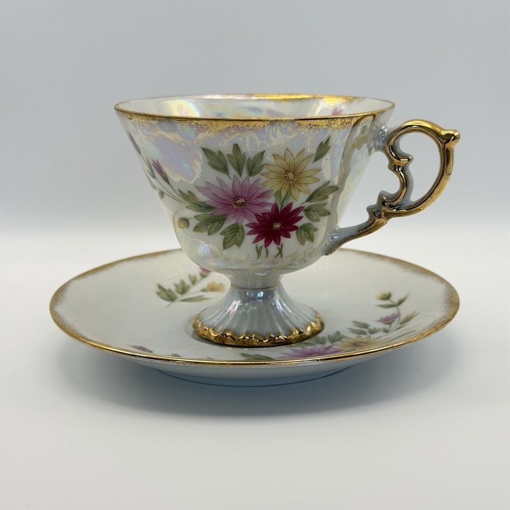 Vtg Norleans Japan Lusterware Teacup Saucer Floral September Aster Tea Party